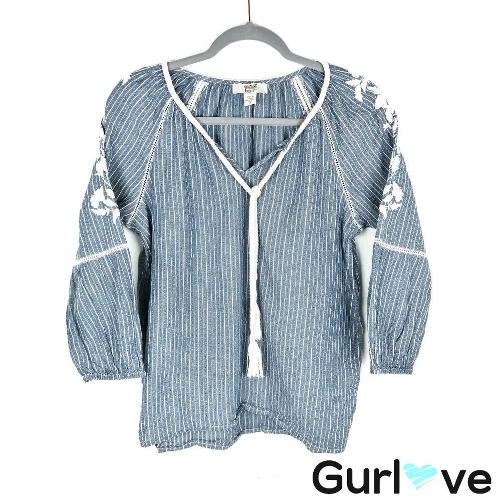 Vintage America Chambray Stripes Tassel Top